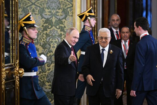 President of Russia Vladimir Putin meets with President of Palestine Mahmoud Abbas