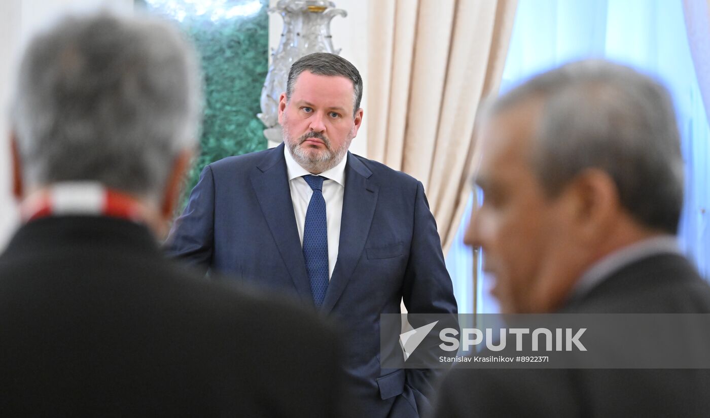 President of Russia Vladimir Putin meets with President of Palestine Mahmoud Abbas