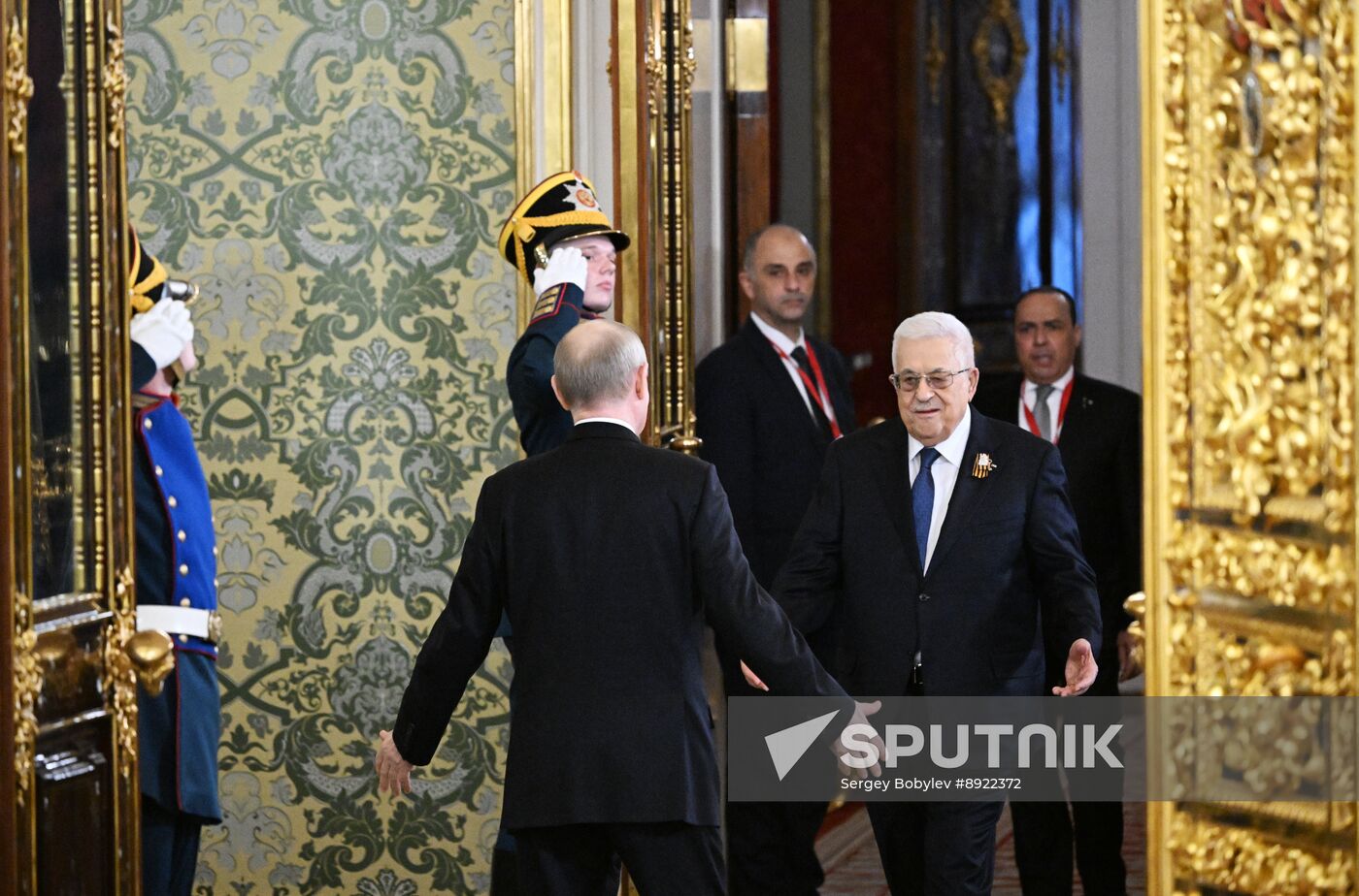 President of Russia Vladimir Putin meets with President of Palestine Mahmoud Abbas