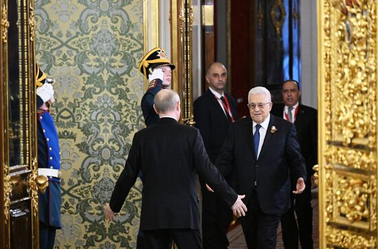 President of Russia Vladimir Putin meets with President of Palestine Mahmoud Abbas
