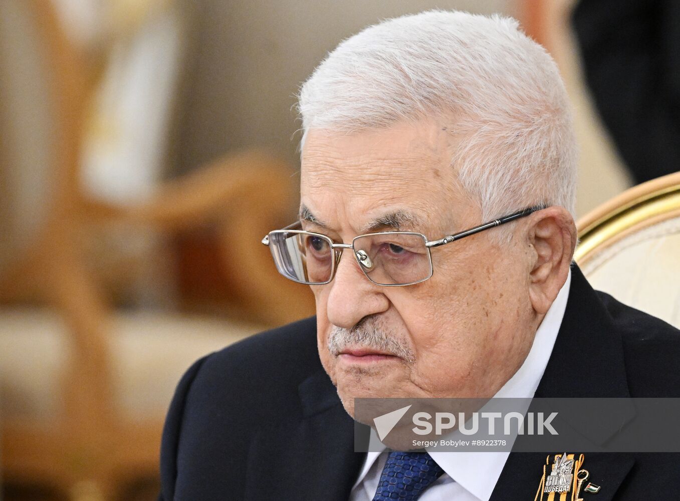 President of Russia Vladimir Putin meets with President of Palestine Mahmoud Abbas