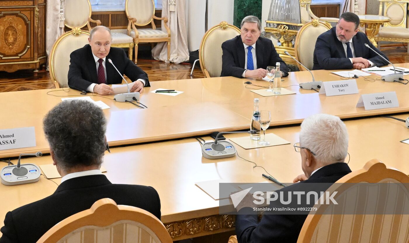 President of Russia Vladimir Putin meets with President of Palestine Mahmoud Abbas