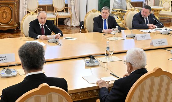 President of Russia Vladimir Putin meets with President of Palestine Mahmoud Abbas