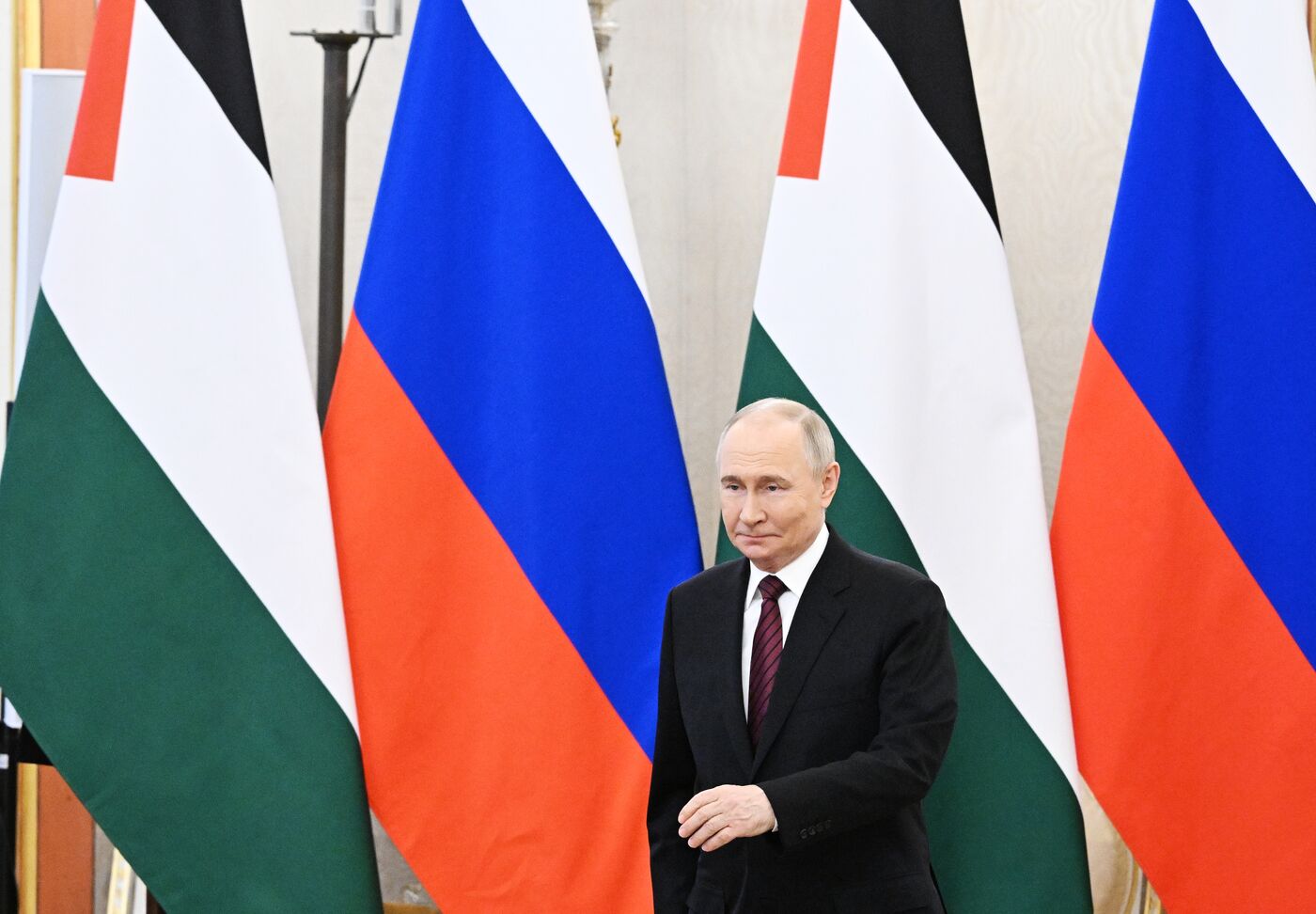 President of Russia Vladimir Putin meets with President of Palestine Mahmoud Abbas