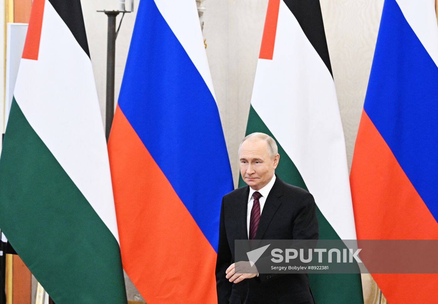 President of Russia Vladimir Putin meets with President of Palestine Mahmoud Abbas