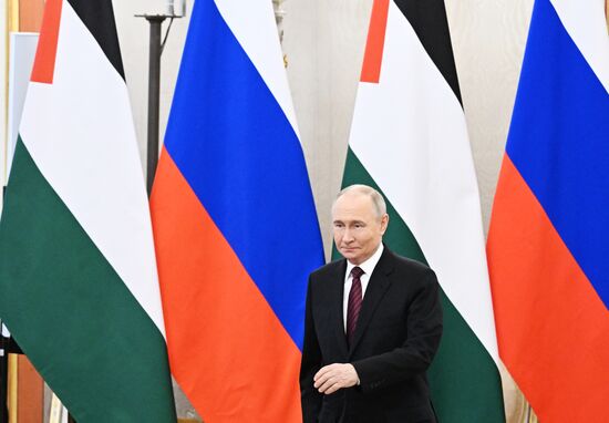 President of Russia Vladimir Putin meets with President of Palestine Mahmoud Abbas