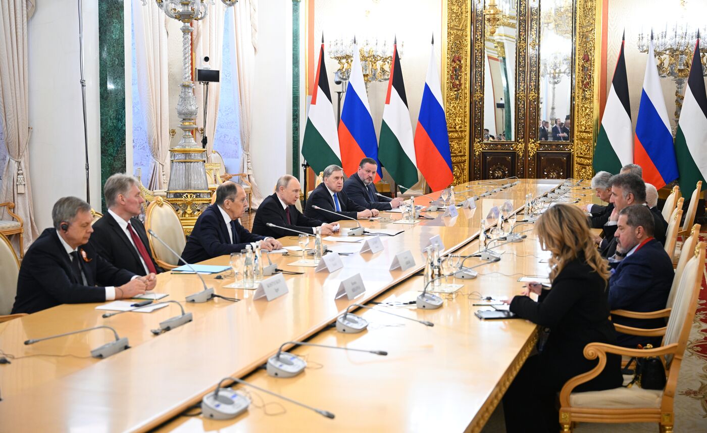 President of Russia Vladimir Putin meets with President of Palestine Mahmoud Abbas