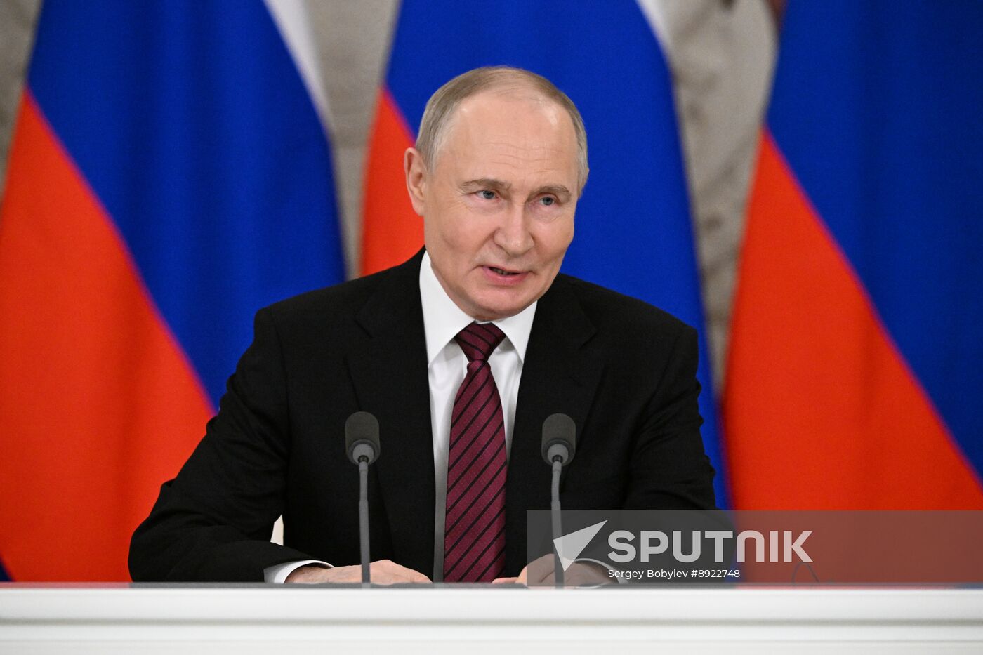 President of Russia Vladimir Putin delivers address to representatives of Russian and foreign media