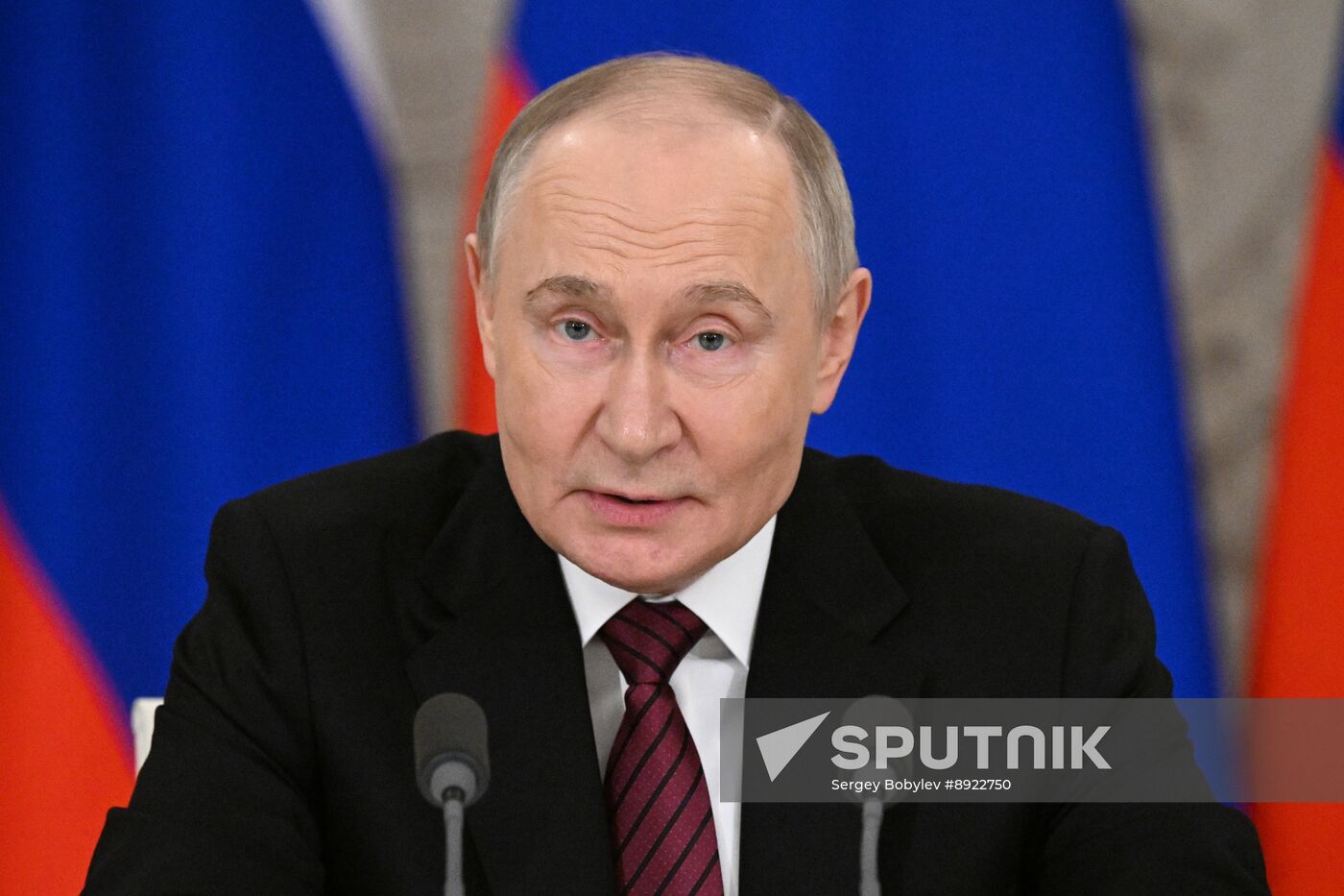 President of Russia Vladimir Putin delivers address to representatives of Russian and foreign media
