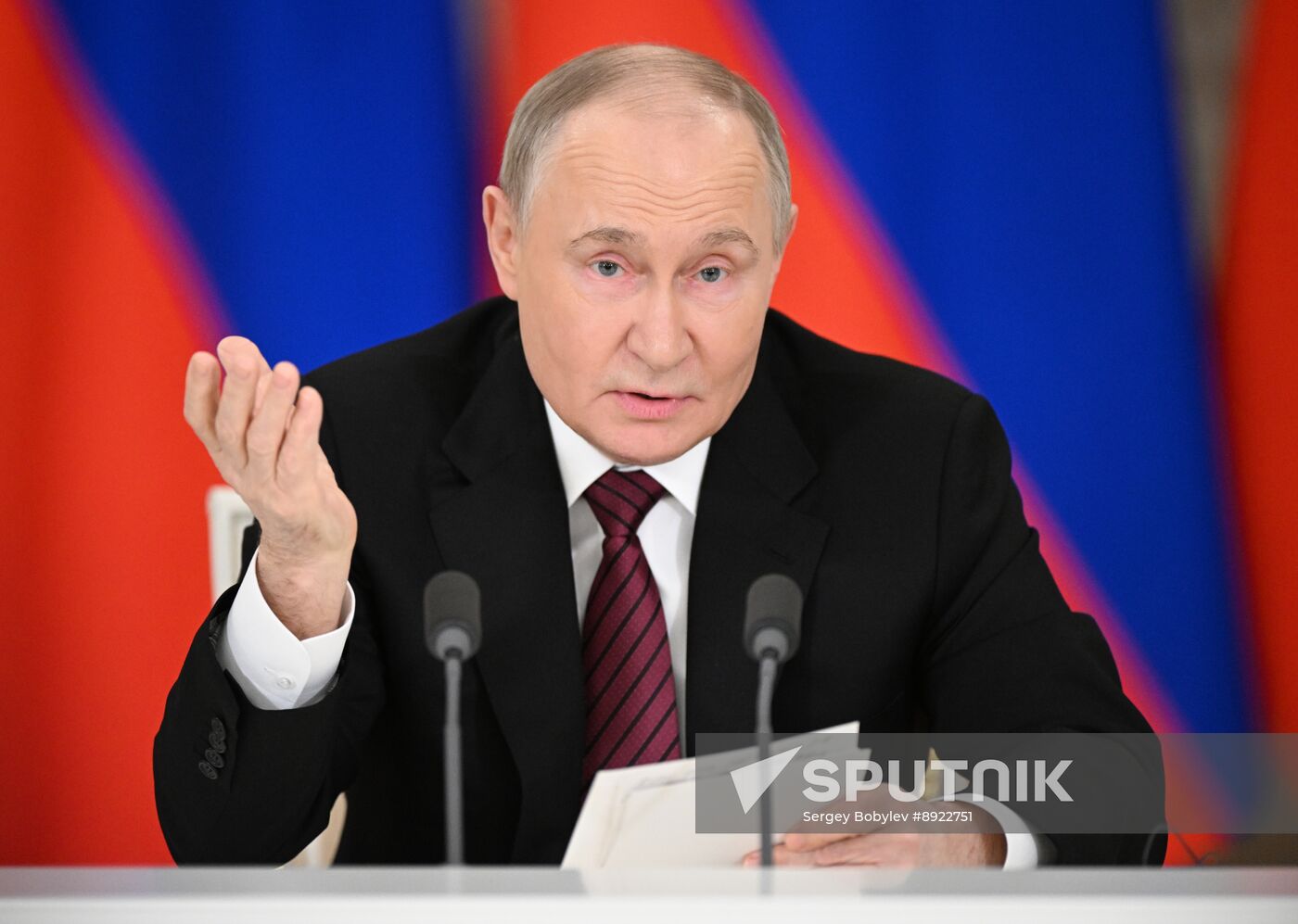 President of Russia Vladimir Putin delivers address to representatives of Russian and foreign media
