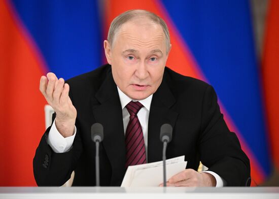 President of Russia Vladimir Putin delivers an address to representatives of Russian and foreign media. Location: Russia, Moscow. Author: Sergey Bobylev/Sputnik. President of Russia Vladimir Putin delivers address to representatives of Russian and foreign media