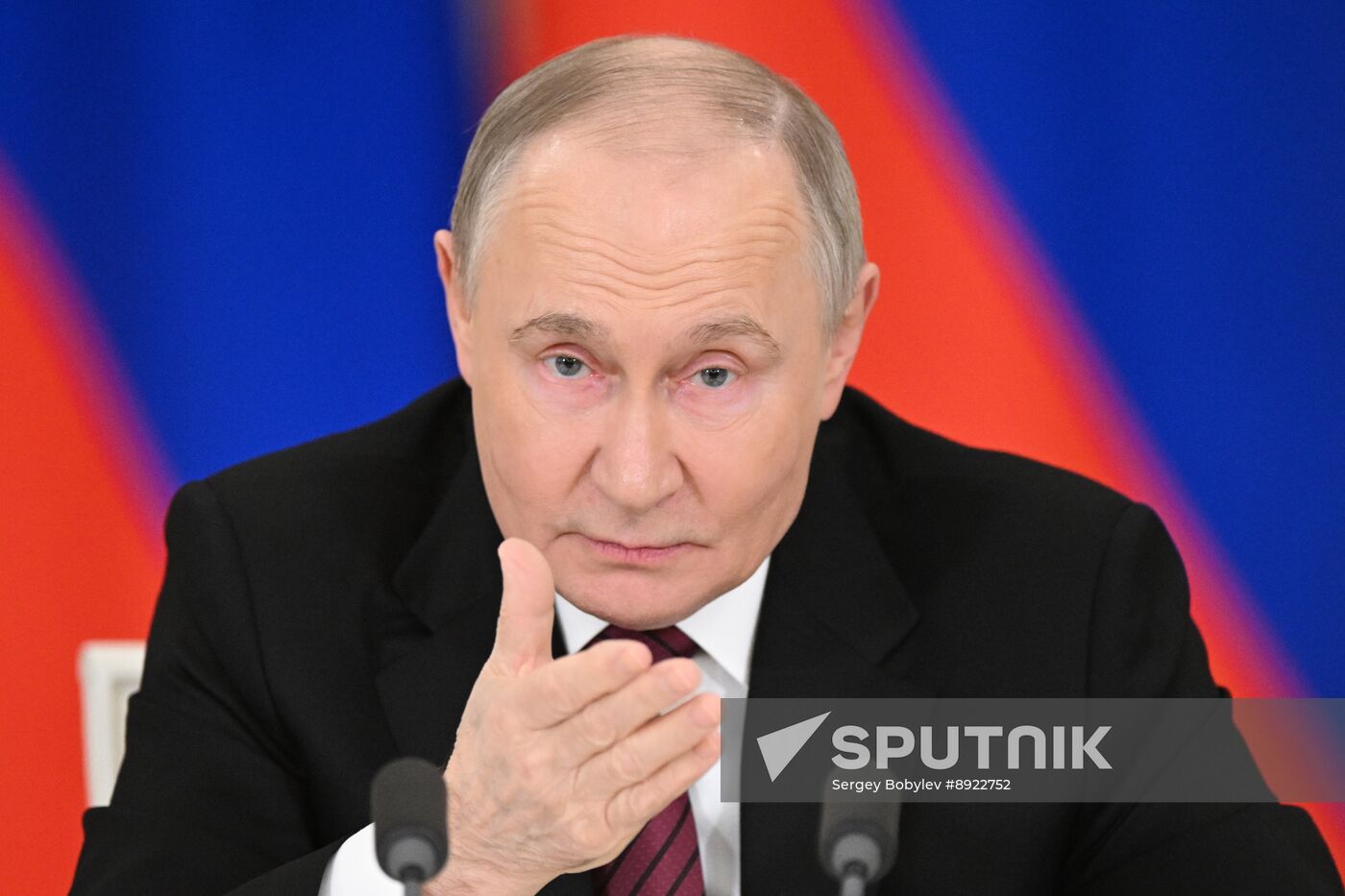 President of Russia Vladimir Putin delivers address to representatives of Russian and foreign media
