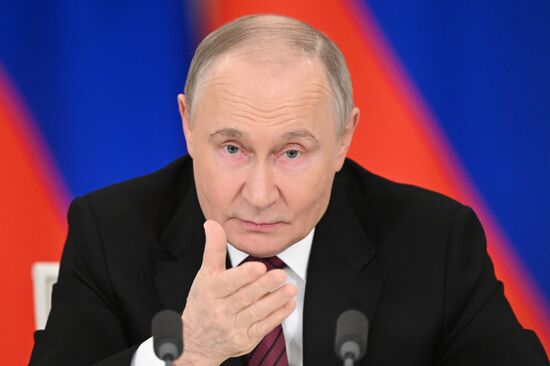 President of Russia Vladimir Putin delivers address to representatives of Russian and foreign media