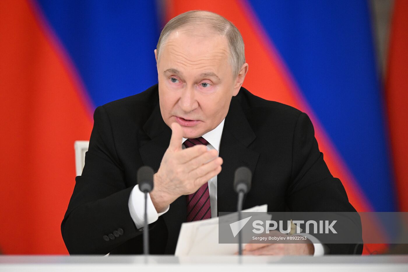 President of Russia Vladimir Putin delivers address to representatives of Russian and foreign media