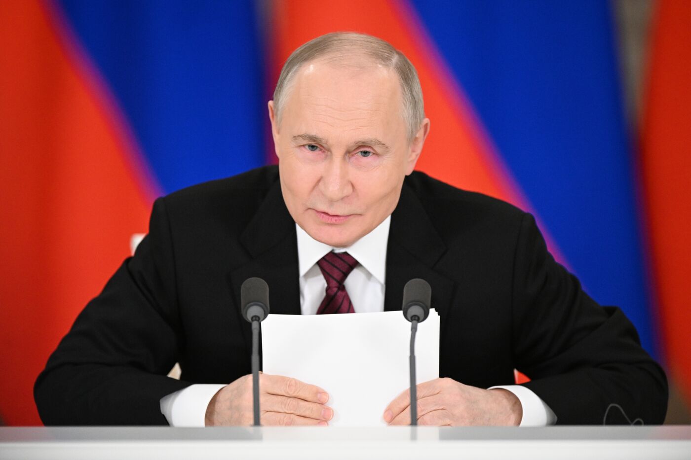 President of Russia Vladimir Putin delivers address to representatives of Russian and foreign media