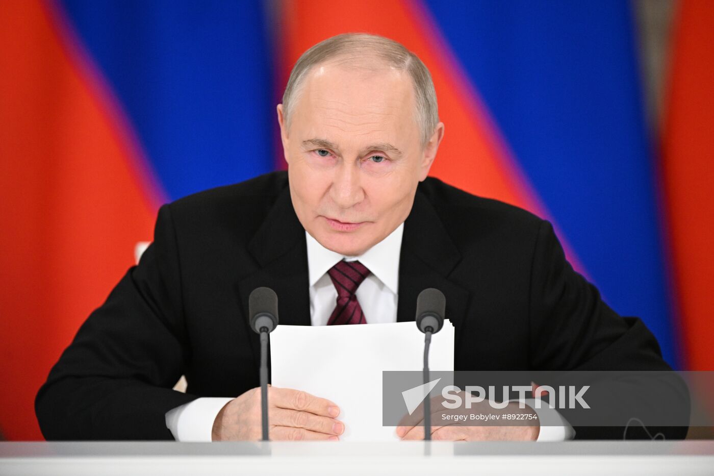 President of Russia Vladimir Putin delivers address to representatives of Russian and foreign media