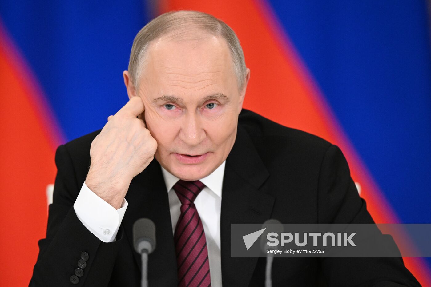 President of Russia Vladimir Putin delivers address to representatives of Russian and foreign media