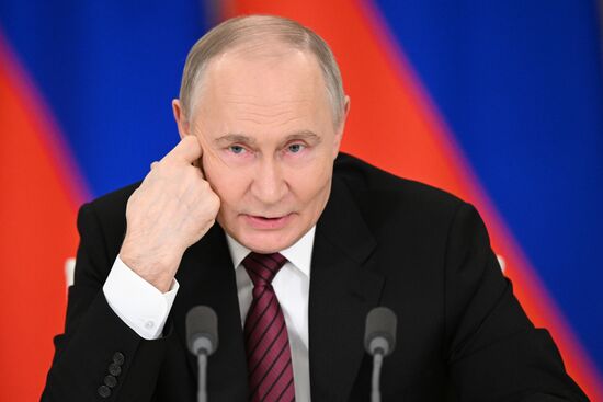 President of Russia Vladimir Putin delivers an address to representatives of Russian and foreign media. Location: Russia, Moscow. Author: Sergey Bobylev/Sputnik. President of Russia Vladimir Putin delivers address to representatives of Russian and foreign media