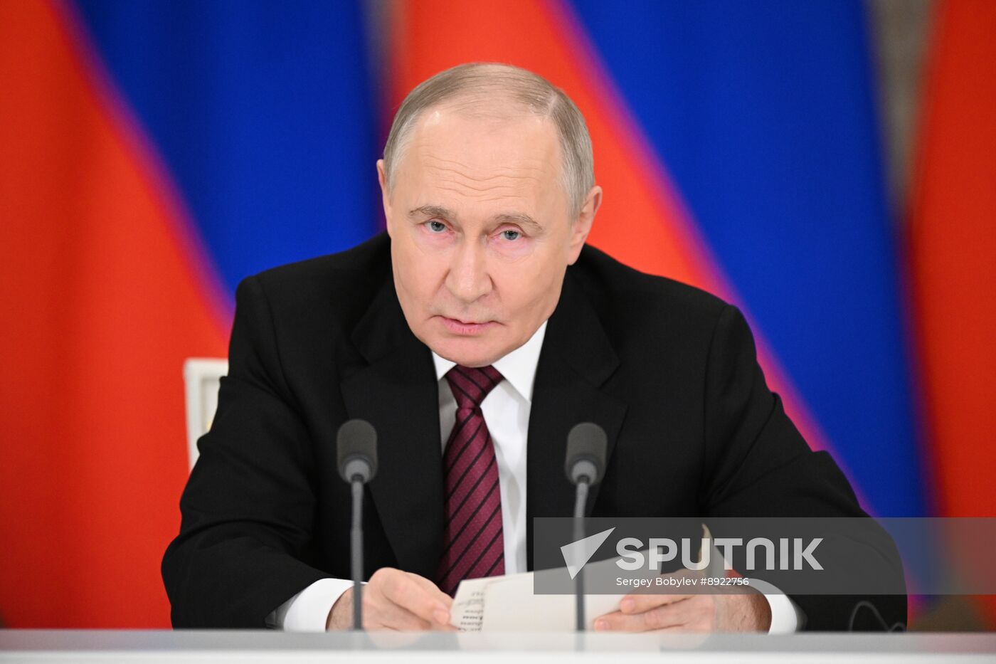 President of Russia Vladimir Putin delivers address to representatives of Russian and foreign media