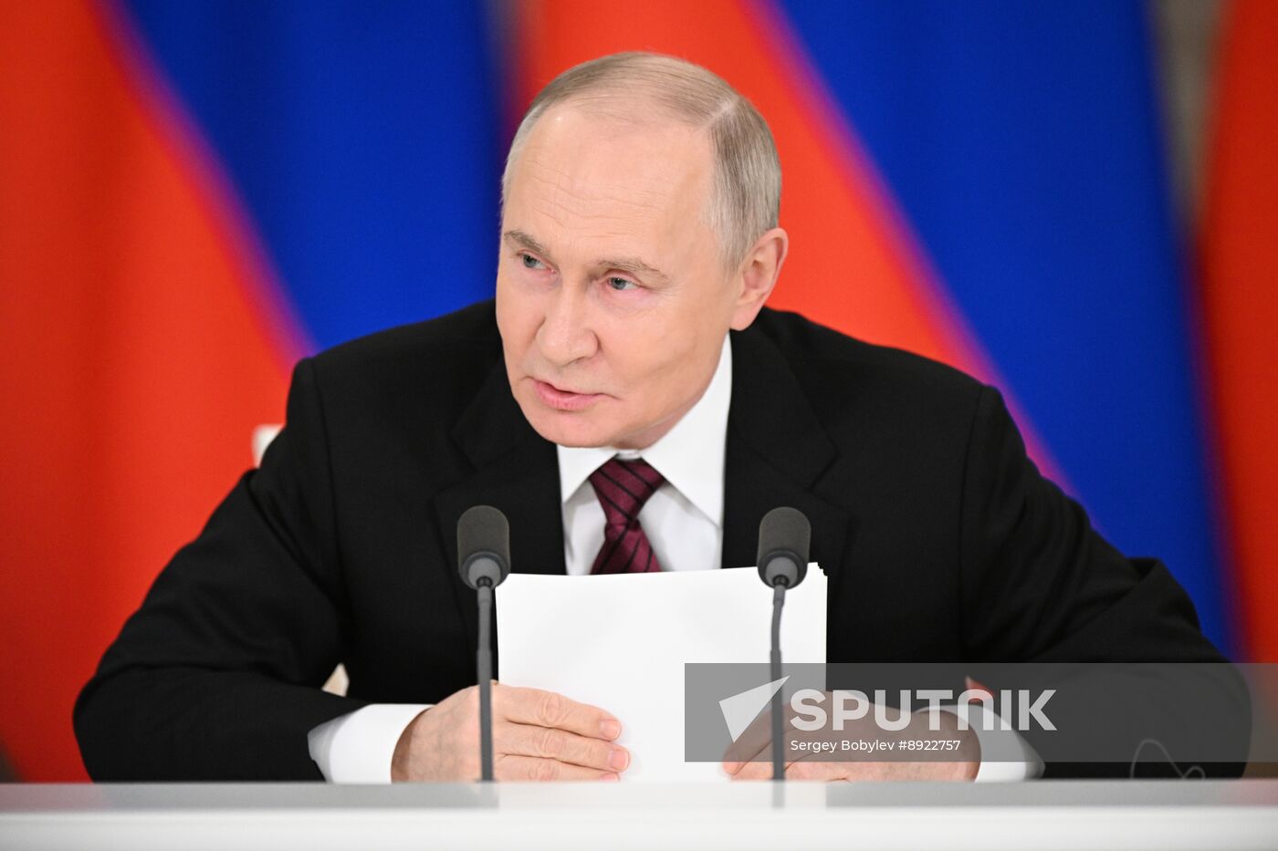 President of Russia Vladimir Putin delivers address to representatives of Russian and foreign media