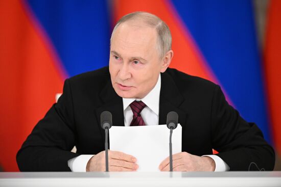 President of Russia Vladimir Putin delivers an address to representatives of Russian and foreign media. Location: Russia, Moscow. Author: Sergey Bobylev/Sputnik. President of Russia Vladimir Putin delivers address to representatives of Russian and foreign media