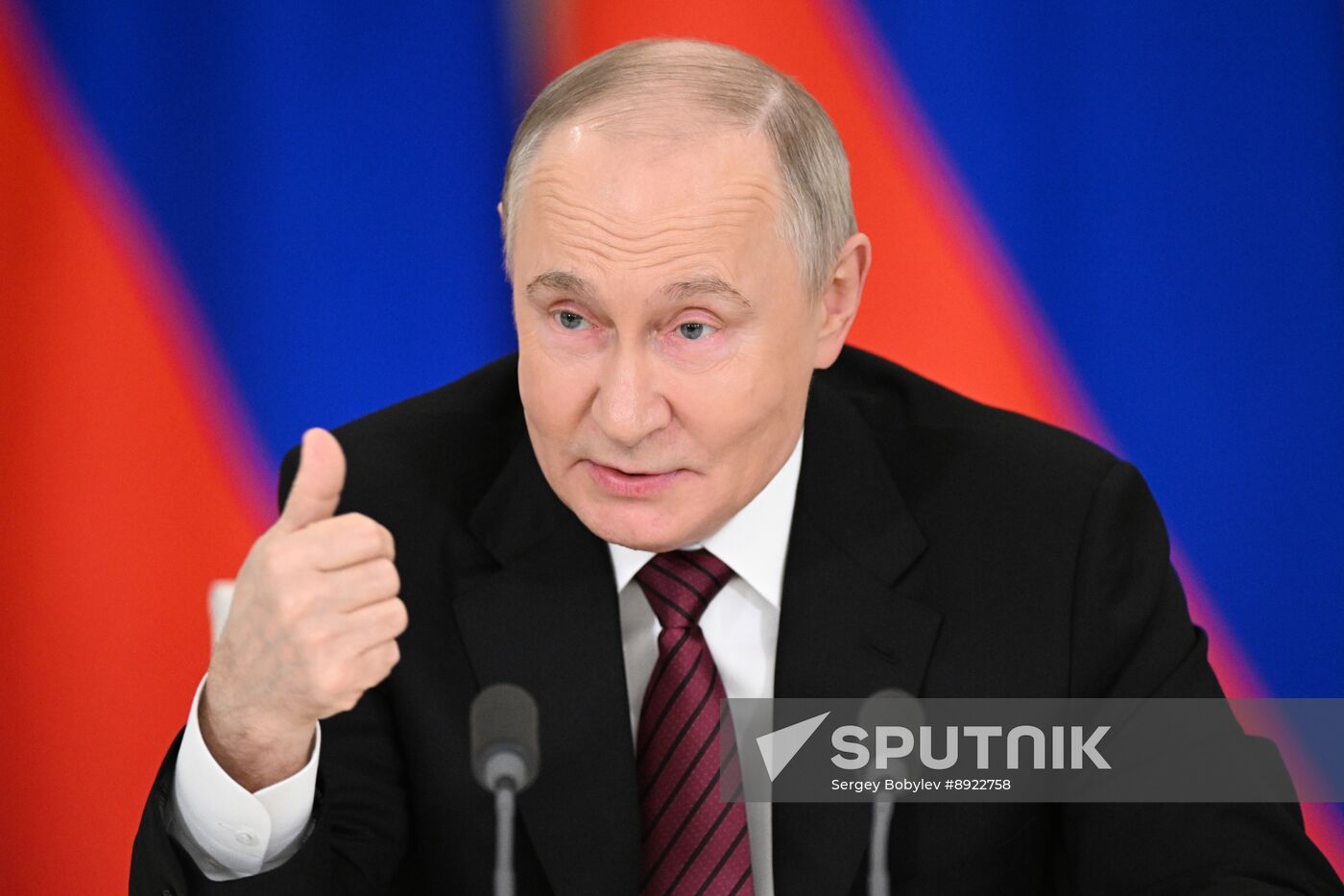 President of Russia Vladimir Putin delivers address to representatives of Russian and foreign media