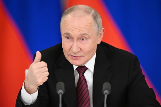President of Russia Vladimir Putin delivers an address to representatives of Russian and foreign media. Location: Russia, Moscow. Author: Sergey Bobylev/Sputnik. President of Russia Vladimir Putin delivers address to representatives of Russian and foreign media