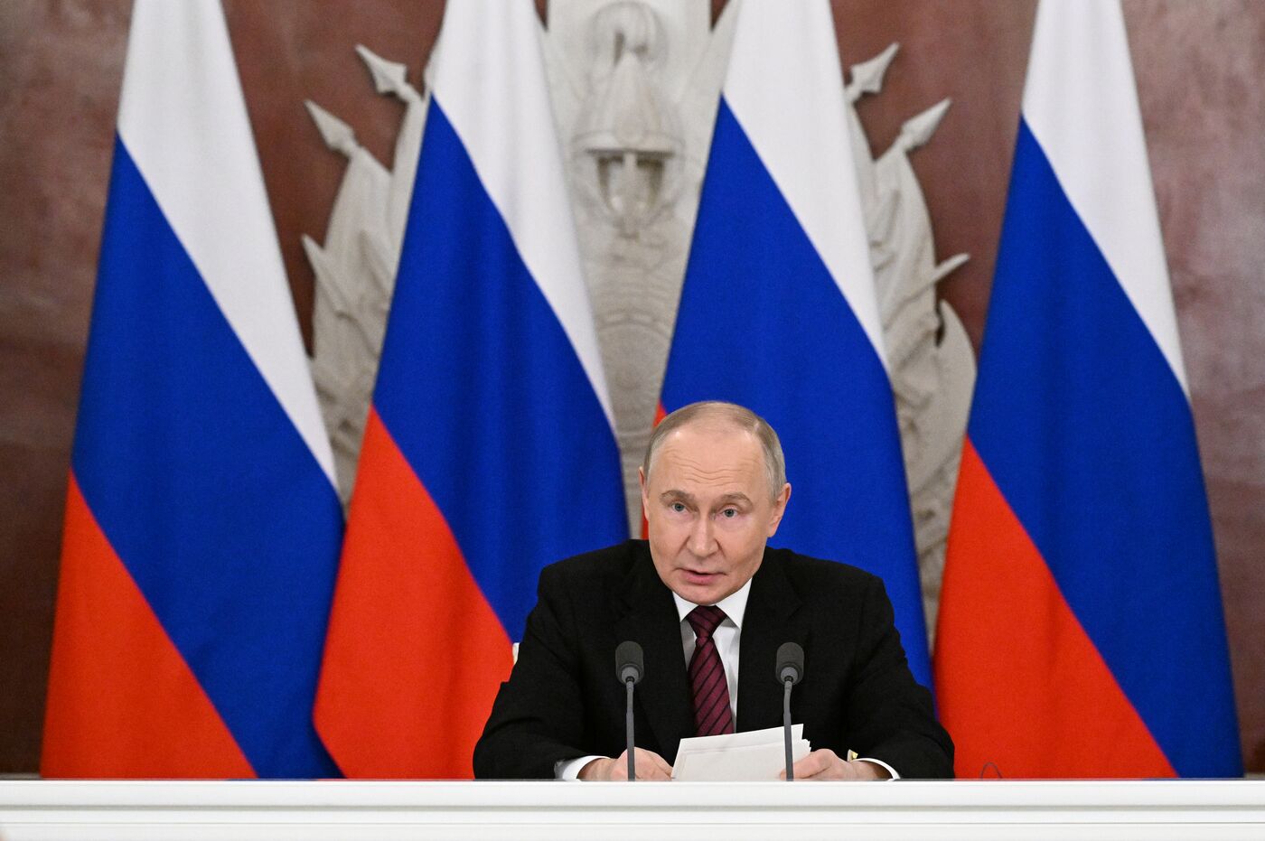 President of Russia Vladimir Putin delivers address to representatives of Russian and foreign media