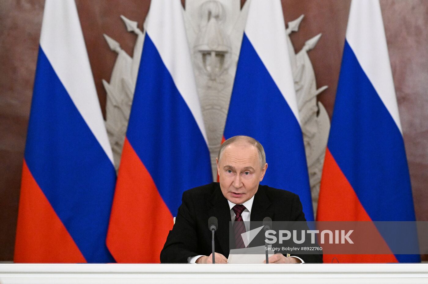 President of Russia Vladimir Putin delivers address to representatives of Russian and foreign media