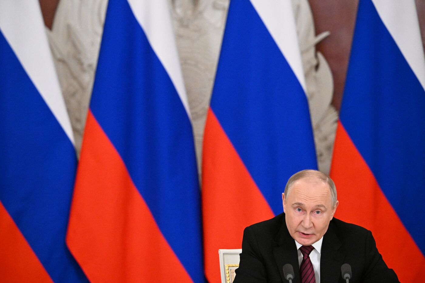 President of Russia Vladimir Putin delivers address to representatives of Russian and foreign media
