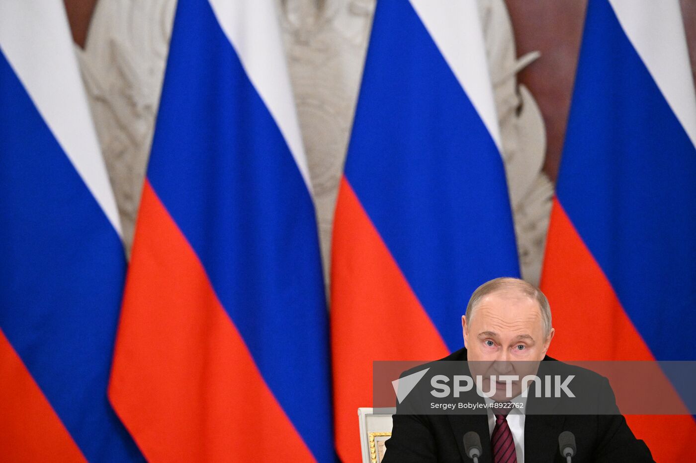 President of Russia Vladimir Putin delivers address to representatives of Russian and foreign media