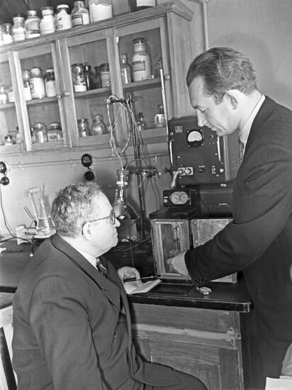 Tikhon Gordeyev, member of Byelorussian SSR Academy of Sciences, and scientist Alexander Shlyk