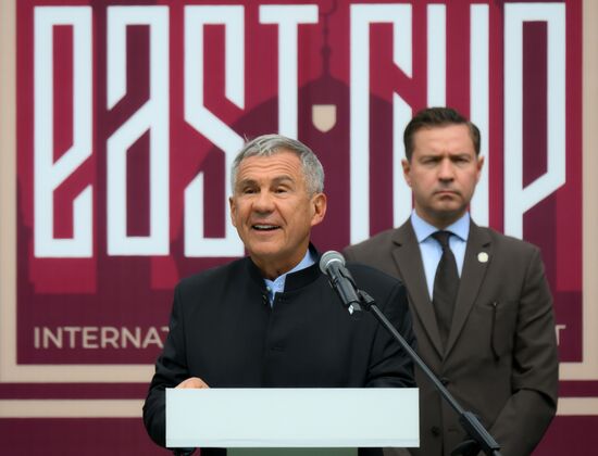 The XVI International Economic Forum "RUSSIA - ISLAMIC WORLD: KAZANFORUM." The awarding ceremony at the OIC countries' children's soccer tournament. Rustam Minnikhanov, Head of the Republic of Tatarstan, Chair of the Russia-Islamc World strategic vision group. Location: Russia, Republic of Tatarstan, Kazan. Author: Maksim Bogodvid/Sputnik. KAZANFORUM 2025. Awarding ceremony at the OIC countries' children's soccer tournament