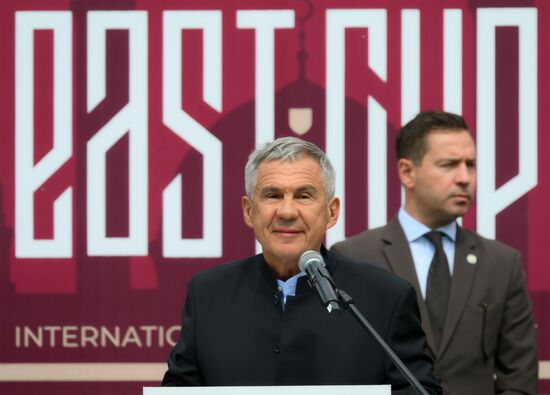 The XVI International Economic Forum "RUSSIA - ISLAMIC WORLD: KAZANFORUM." The awarding ceremony at the OIC countries' children's soccer tournament. Rustam Minnikhanov, Head of the Republic of Tatarstan, Chair of the Russia-Islamic World strategic vision group. Location: Russia, Republic of Tatarstan, Kazan. Author: Maksim Bogodvid/Sputnik. KAZANFORUM 2025. Awarding ceremony at the OIC countries' children's soccer tournament
