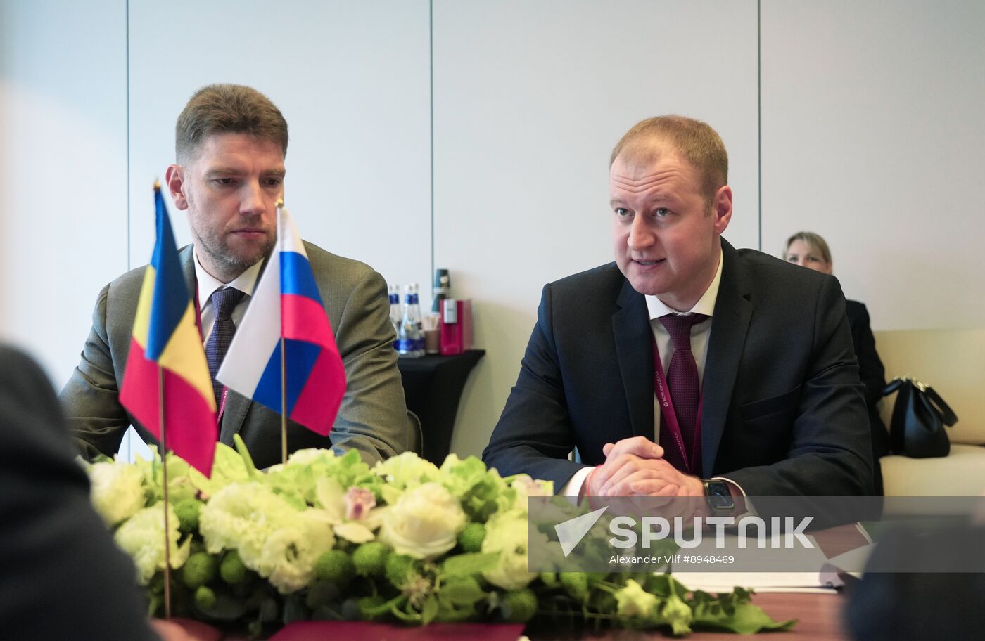 SPIEF-2025. Meeting of Moldovan Party of Socialists leader I. Dodon and Russian Agriculture Deputy Ministers A. Razin and M. Markovich