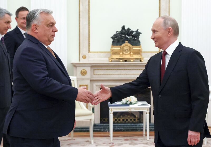 Russian President Vladimir Putin greets Hungarian Prime Minister Viktor Orban before a meeting at the Kremlin in Moscow, Russia. Russia Hungary