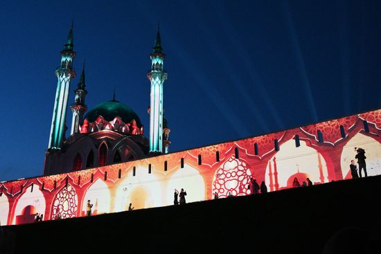 KAZANFORUM 2026. Zen light mapping show projected onto Kazan Kremlin walls