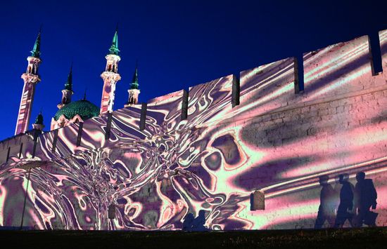KAZANFORUM 2026. Zen light mapping show projected onto Kazan Kremlin walls