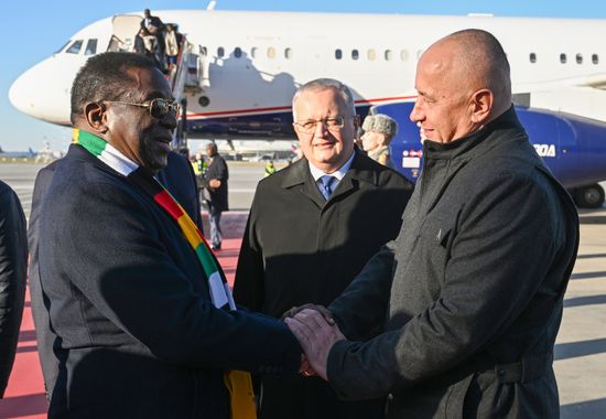 President of Zimbabwe Emmerson Mnangagwa, left, arrives in Moscow for the 3rd Russia-Africa Summit. Location: Russia, Moscow. Author: Sergey Bobylev/Sputnik. President of Zimbabwe Emmerson Mnangagwa arrives in Moscow
