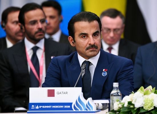 Emir of the State of Qatar Sheikh Tamim bin Hamad Al Thani, center, at the plenary session of the 8th Summit of the Gas Exporting Countries Forum in Moscow. Location: Russia, Moscow. Author: Kirill Zykov/Sputnik. GECF Summit. Plenary session