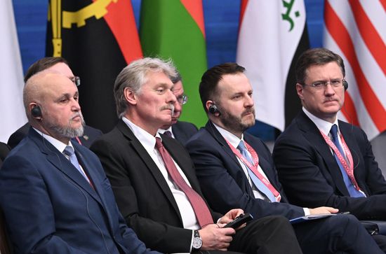 From left: Russian Energy Minister Sergei Tsivilev, Russian Presidential Press Secretary Dmitry Peskov, Deputy Chief of Staff of the Russian Presidential Executive Office Maxim Oreshkin, and Russian Deputy Prime Minister Alexander Novak at the plenary session of the 8th Summit of the Gas Exporting Countries Forum in Moscow. Location: Russia, Moscow. Author: Maksim Bogodvid/Sputnik. GECF Summit. Plenary session