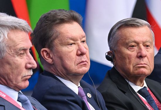 From left: NOVATEK CEO and Board Chairman Leonid Mikhelson, Gazprom CEO Alexei Miller, and Gazprom Board Chairman Viktor Zubkov at the plenary session of the 8th Summit of the Gas Exporting Countries Forum in Moscow. Location: Russia, Moscow. Author: Maksim Bogodvid/Sputnik. GECF Summit. Plenary session