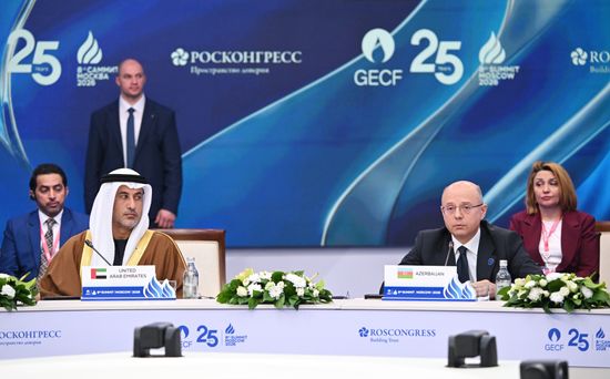 Minister of State at the Ministry of Foreign Affairs of the UAE Saeed Al Hajeri and Minister of Energy of Azerbaijan Parviz Shahbazov, right, at the plenary session of the 8th Summit of the Gas Exporting Countries Forum in Moscow. Location: Russia, Moscow. Author: Maksim Bogodvid/Sputnik. GECF Summit. Plenary session