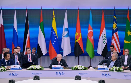 President Vladimir Putin at the plenary session of the 8th Summit of the Gas Exporting Countries Forum in Moscow. Location: Russia, Moscow. Author: Yuri Kochetkov/Sputnik. GECF Summit. Plenary session