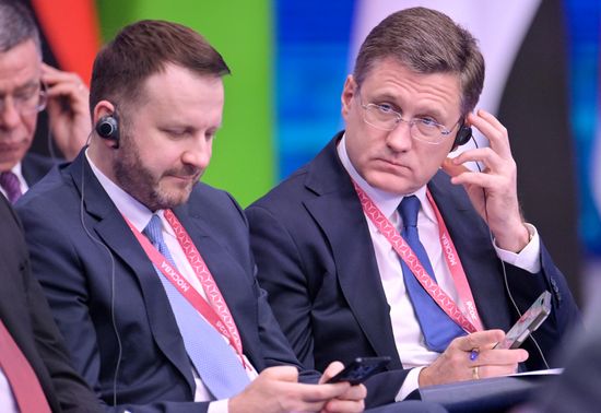 Deputy Chief of Staff of the Presidential Executive Office Maxim Oreshkin, left, and Russian Deputy Prime Minister Alexander Novak during the plenary session of the 8th summit of the Gas Exporting Countries Forum in Moscow. Location: Russia, Moscow. Author: Yuri Kochetkov/Sputnik. GECF Summit. Plenary session