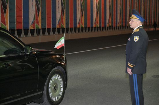 Moscow Kremlin Commandant Lieutenant General Sergei Udovenko greets the cortege of President of Iran Masoud Pezeshkian who arrived at the Kremlin for a meeting with Russian President Vladimir Putin. Location: Russia, Moscow. Author: Alexey Nikolskiy/Sputnik. Russian President Vladimir Putin meets with President of Iran Masoud Pezeshkian