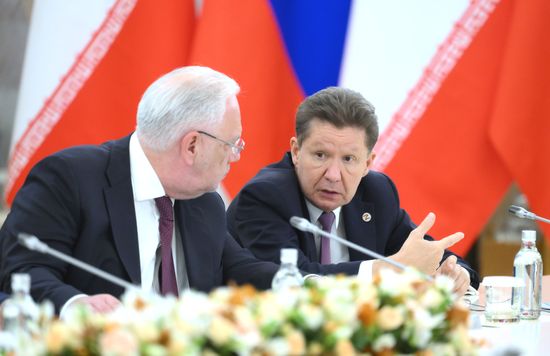 Head of the Federal Service for Military and Technical Cooperation Dmitry Shugayev, left, and Gazprom CEO Alexei Miller before a meeting between Russian President Vladimir Putin and President of Iran Masoud Pezeshkian on the sidelines of the 8th summit of the Gas Exporting Countries Forum in Moscow. Location: Russia, Moscow. Author: Grigory Sysoev/Sputnik. Russian President Vladimir Putin meets with President of Iran Masoud Pezeshkian