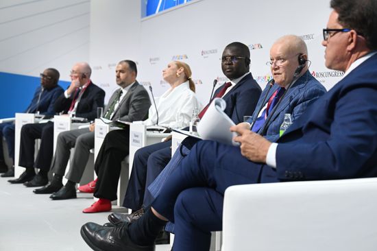 From left: Gregoire Ndjaka, Chief Executive Officer, African Union of Broadcasting (AUB-UAR); Andrey Kondrashov, General Director, Russian News Agency TASS, Member of the Board of Trustees, ANO Eurasia; Bader Shniba, Director of the External Media Department, Ministry of Foreign Affairs and International Cooperation of the State of Libya; Elizaveta Brodskaya, Deputy Editor-in-Chief for News Content – Director of English Language Broadcasting Directorate, ANO TV-Novosti; Evariste Ngamana, Minister of State for Communications and Media of the Central African Republic, Spokesperson of the Movement of United Hearts party; Dmitry Kiselev, Director General, Rossiya Segodnya Media Group; and journalist Richard Sanchez during a plenary session of the Russia-Africa Media Forum as part of the 3rd Russia-Africa Summit in Moscow. Location: Russia, Moscow. Author: Alexey Maishev/Sputnik. Russia-Africa Media Forum Plenary Session