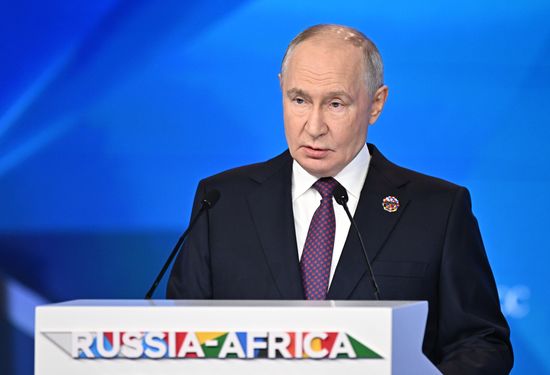 Russian President Vladimir Putin is seen speaking at the plenary session of the Russia-Africa Economic and Humanitarian Forum in Moscow. Location: Russia, Moscow. Author: Sergey Bobylev/Sputnik. Plenary session of Russia-Africa Forum in Moscow