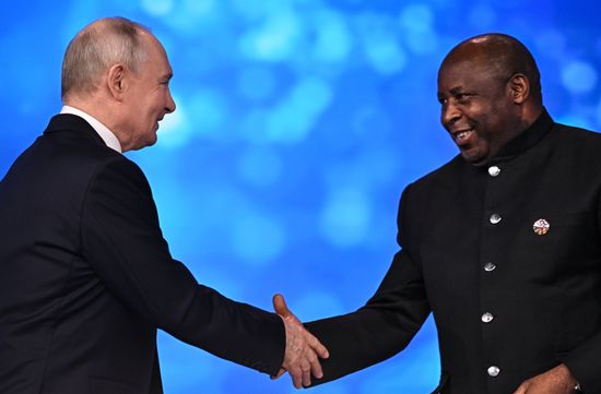 Russian President Vladimir Putin and President of Burundi, Chairperson of the African Union Evariste Ndayishimiye at the plenary session of the Russia-Africa Economic and Humanitarian Forum in Moscow. Location: Russia, Moscow. Author: Sergey Bobylev/Sputnik. Plenary session of Russia-Africa Forum in Moscow